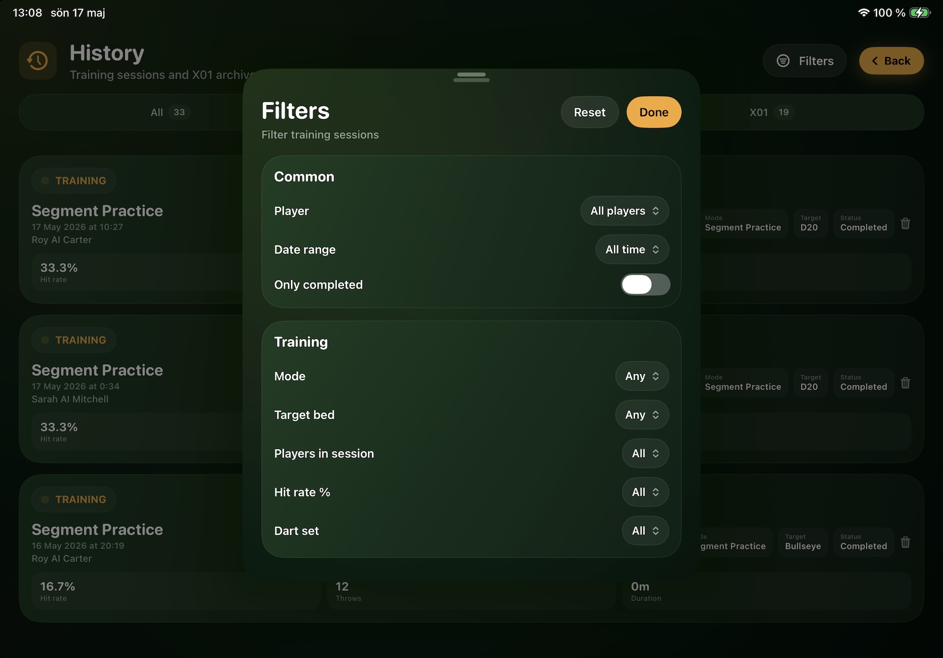 Oche Tracker - History Training Filters