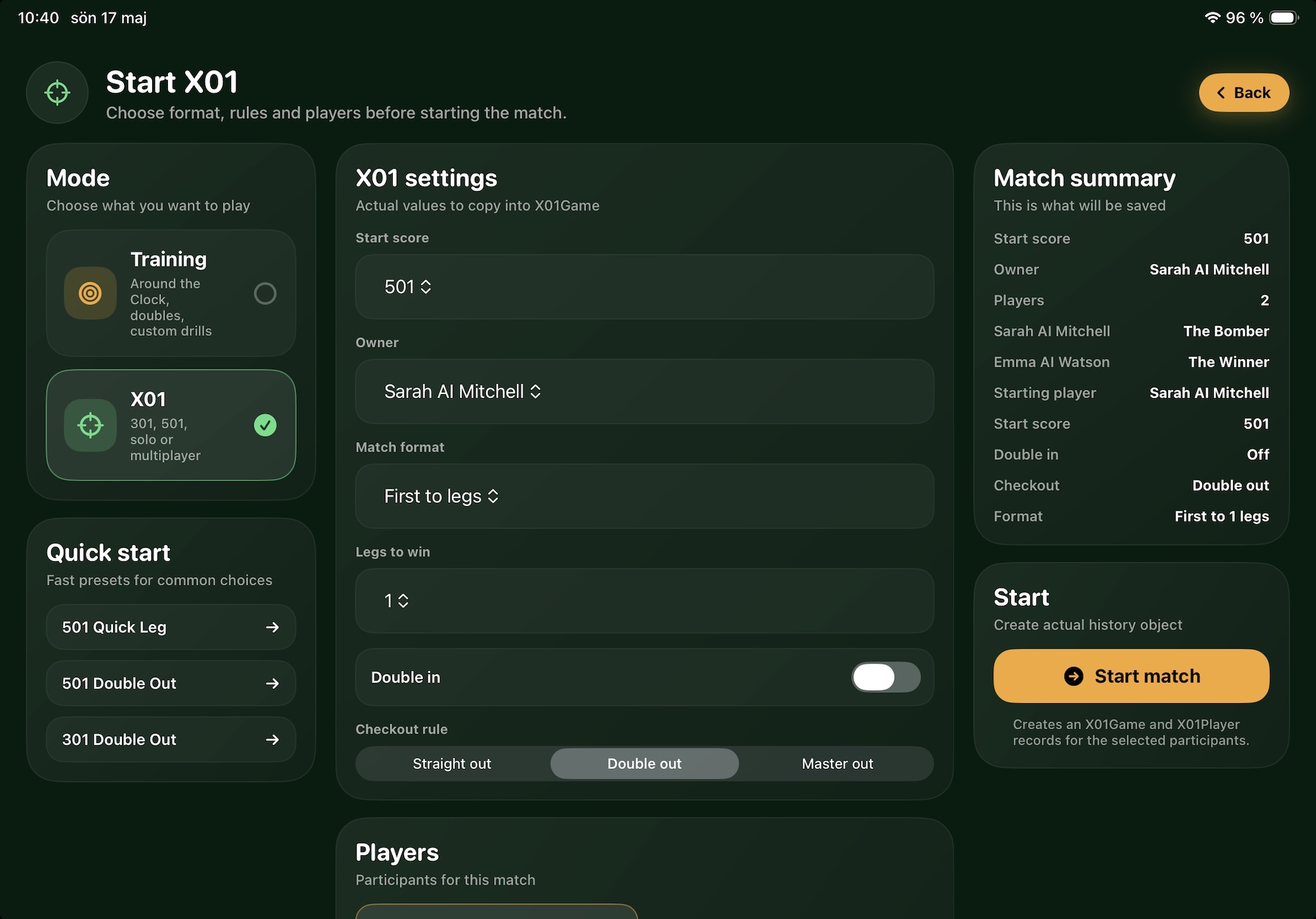 Oche Tracker - Planning X01 Play