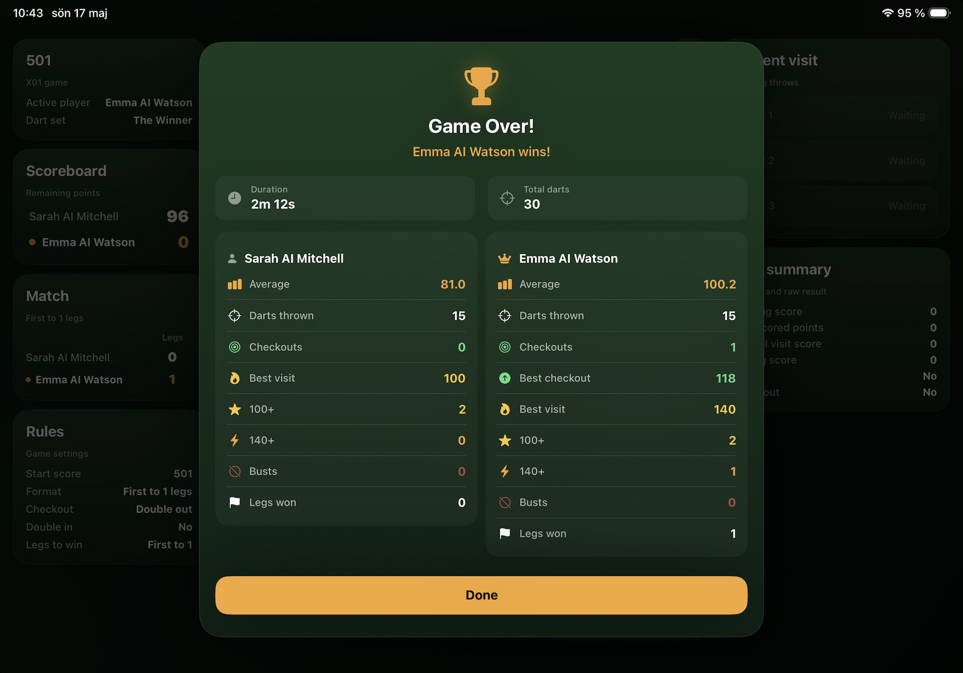 Oche Tracker - X01 Play Game Over